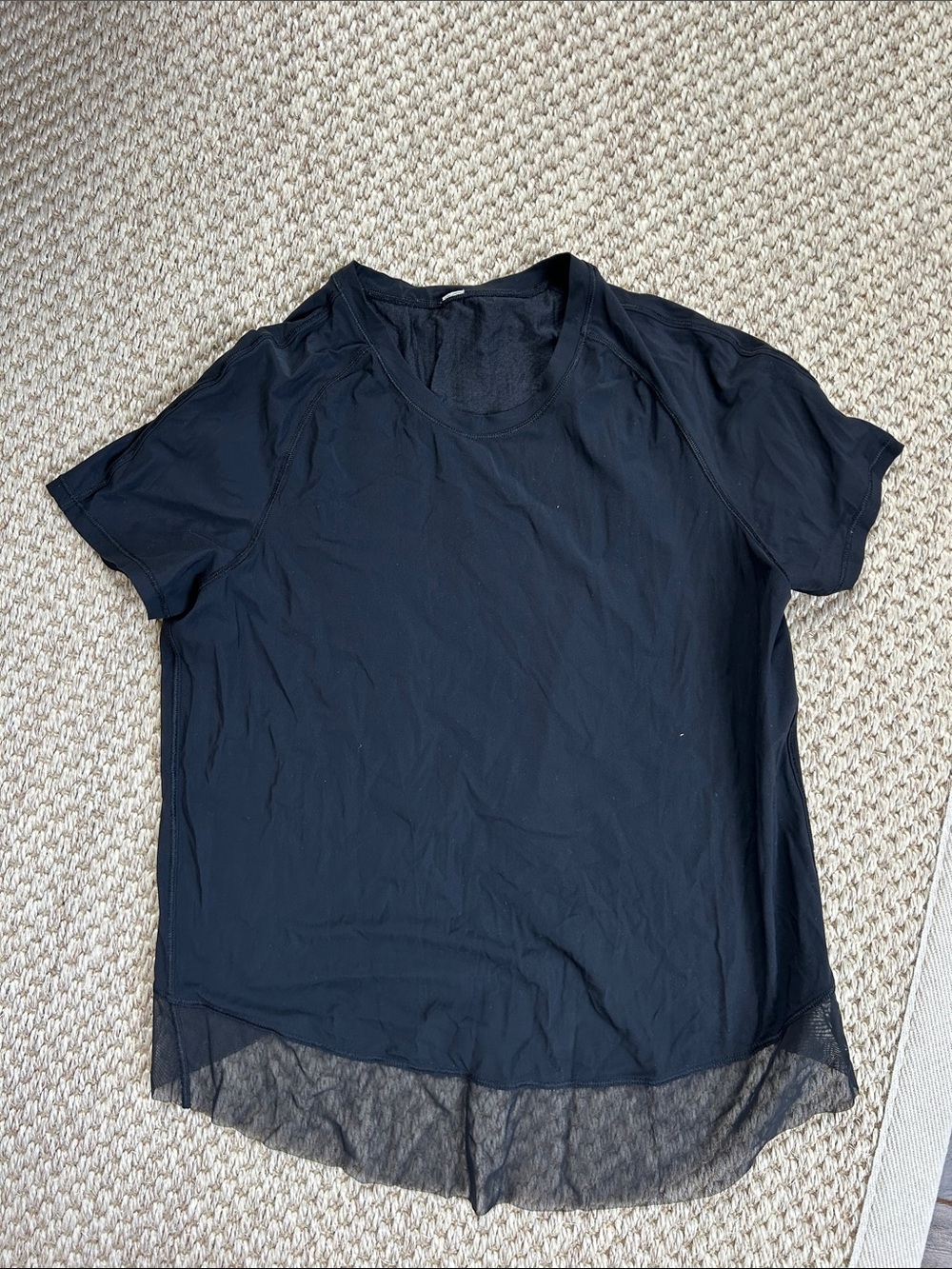 Women's Black Crewneck Short Sleeve Top with Sheer Hem